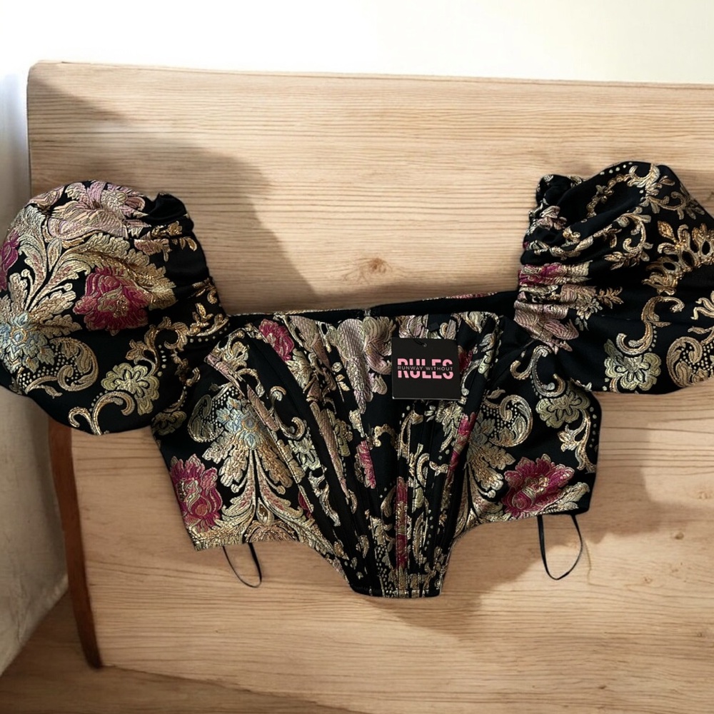 Runway‎ Without Rules Brocade Corset Top Puff Sleeves Black Gold Size M